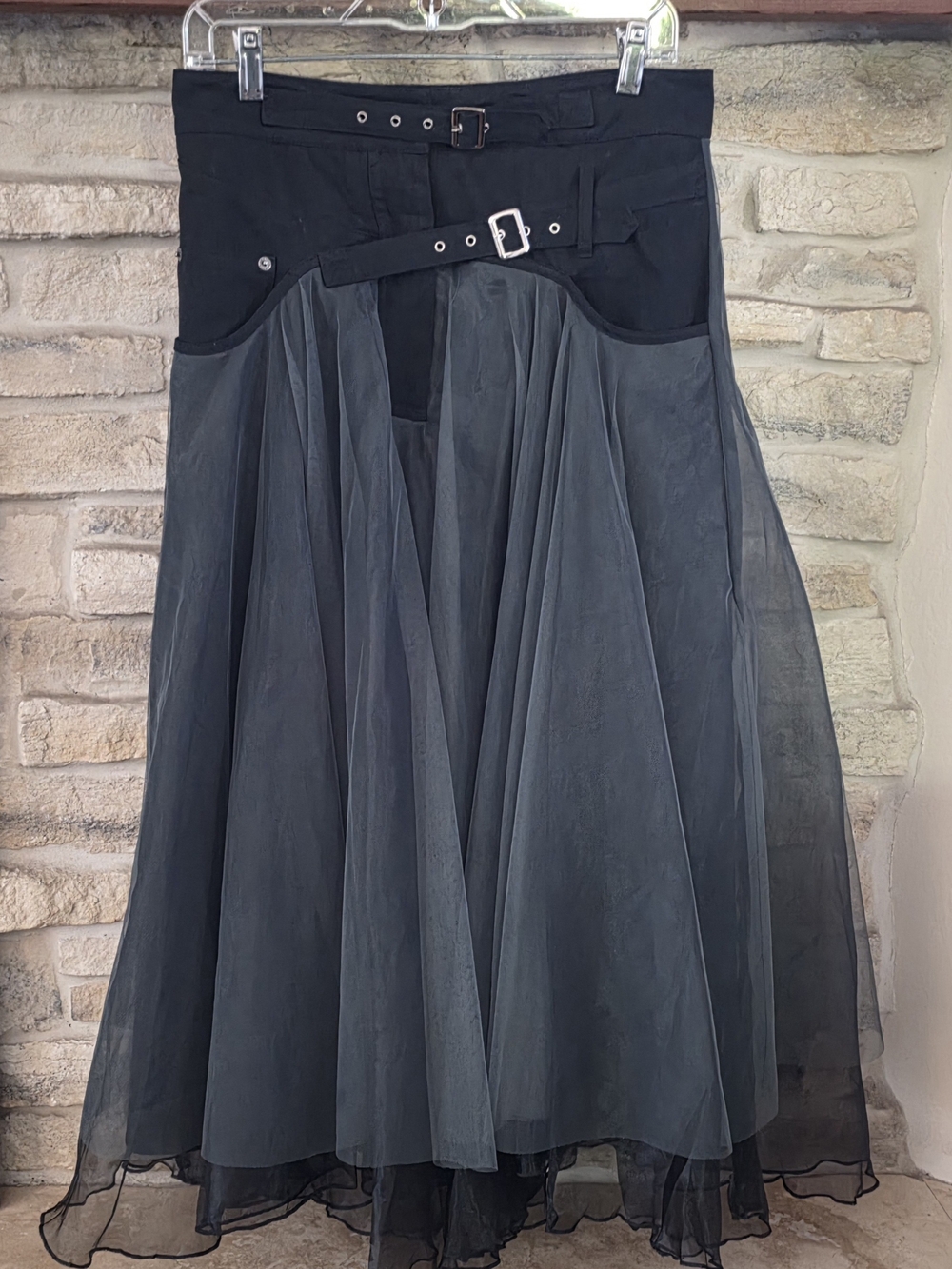 Black Layered A-Line Tulle Skirt with Belted Waist